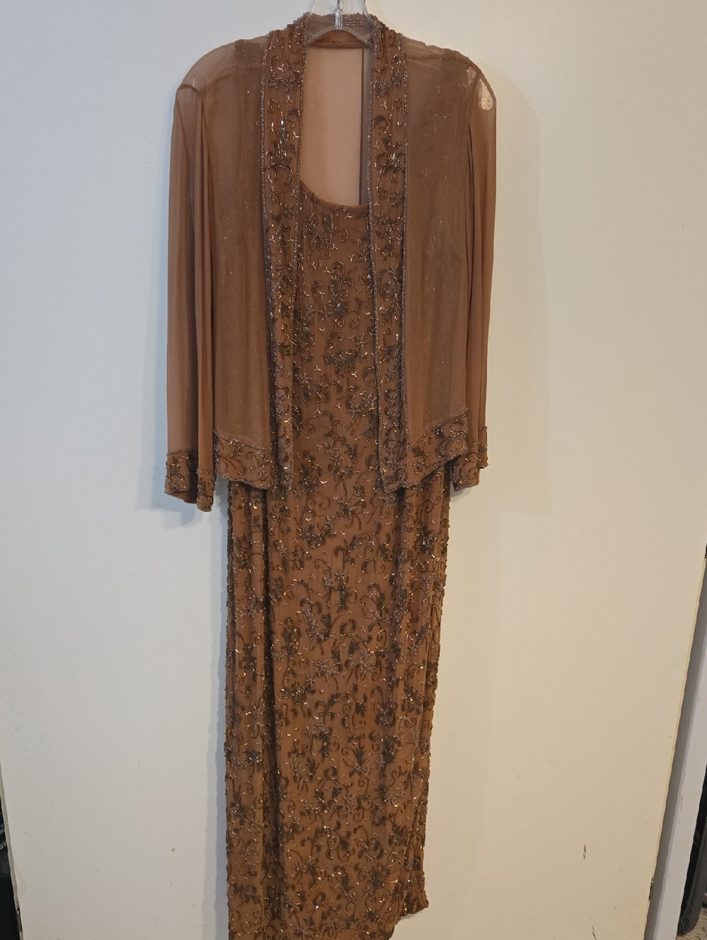 Embellished Maxi Dress with Sheer Jacket - Brown